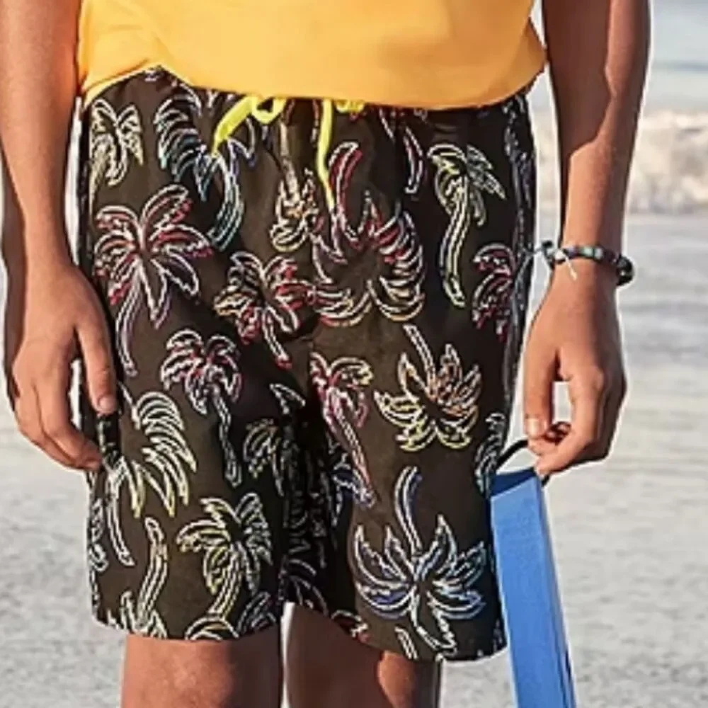 Thereabouts Boy's XL 18/20 Swim Trunks Short Boardshorts Black Palm Trees
